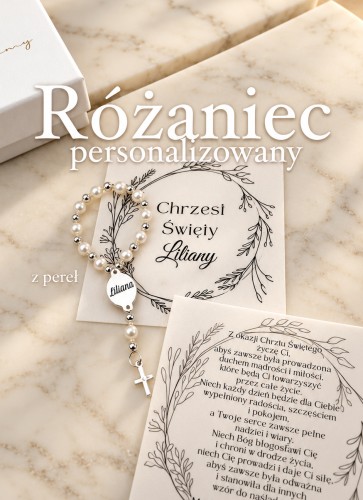 Różaniec na Chrzest Święty z naturalnych pereł – ręcznie wykonany z personalizowanym grawerem