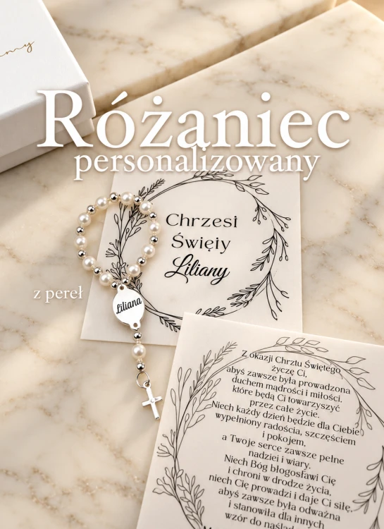 Różaniec na Chrzest Święty z naturalnych pereł – ręcznie wykonany z personalizowanym grawerem