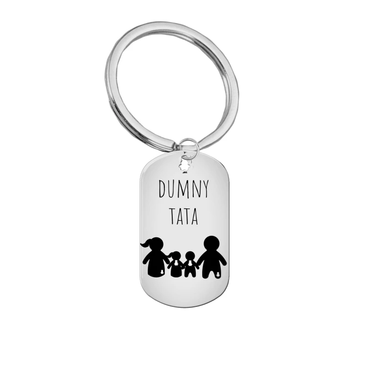 Brelok ze stali polerowanej DUMNY TATA z postaciami rodziców z synkiem i córeczką